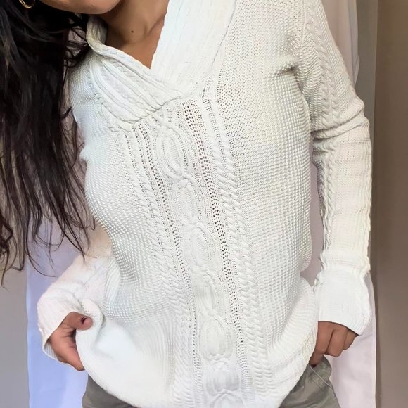 Nautica Cable-knit Cream Cotton Shawl Collar Fisherman Sweater - Picture 2 of 4